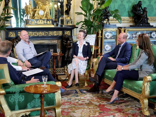 Princess Anne, Prince William and Princess Catherine join Mike Tindall in the Green Drawing Room at Windsor Castle. Picture: Getty Images