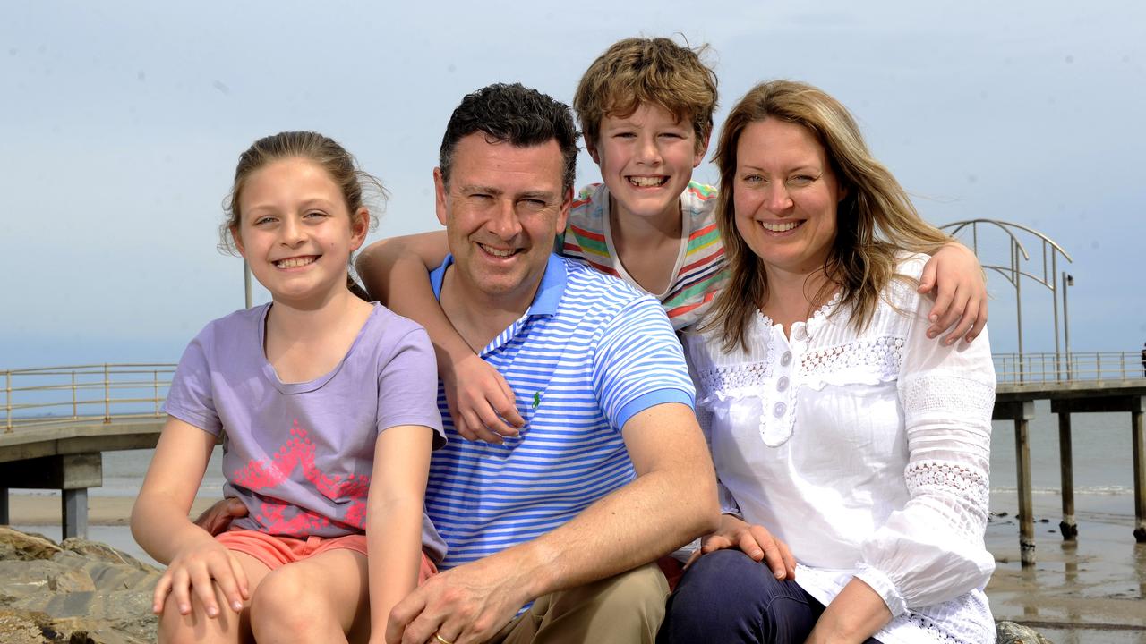 Andrew Southcott in 2013 during his tenure as member for Boothby, with wife Kate and children Georgina, 9, and Henry, 11. Picture: Noelle Bobrige