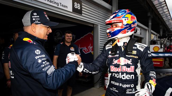 Former Triple Eight team owner Roland Dane (L) has warned Jamie Whincup (R) not to devalue his legacy. Picture: Getty Images.