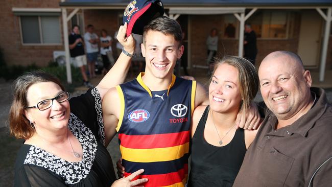 Cheryl and Steve Doedee with their son Tom and his girlfriend Emily Brugman after being drafted to the Crows. Photo: Peter Ristevski.