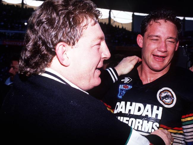 Coach Phil Gould (L) celebrates with player Mark Geyer after Penrith's win over Canberra in the 1991 grand final.