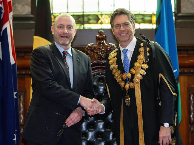 Councillor Owen Guest, pictured with now Lord Mayor Nick Reece, said no ratepayer funds should have been spent on the Voice campaign. Picture: Jason Edwards