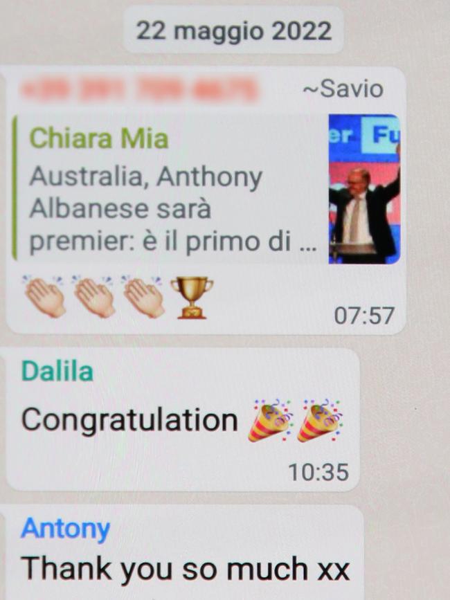 WhatsApp messages exchanged after Anthony Albanese won the prime ministership.