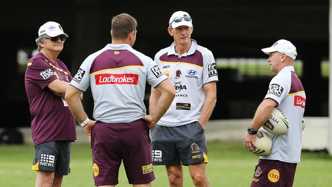 Sports psychologist Phil Jauncey (left) at Broncos training with Wayne Bennett and Allan Langer. Picture: Claudia Baxter