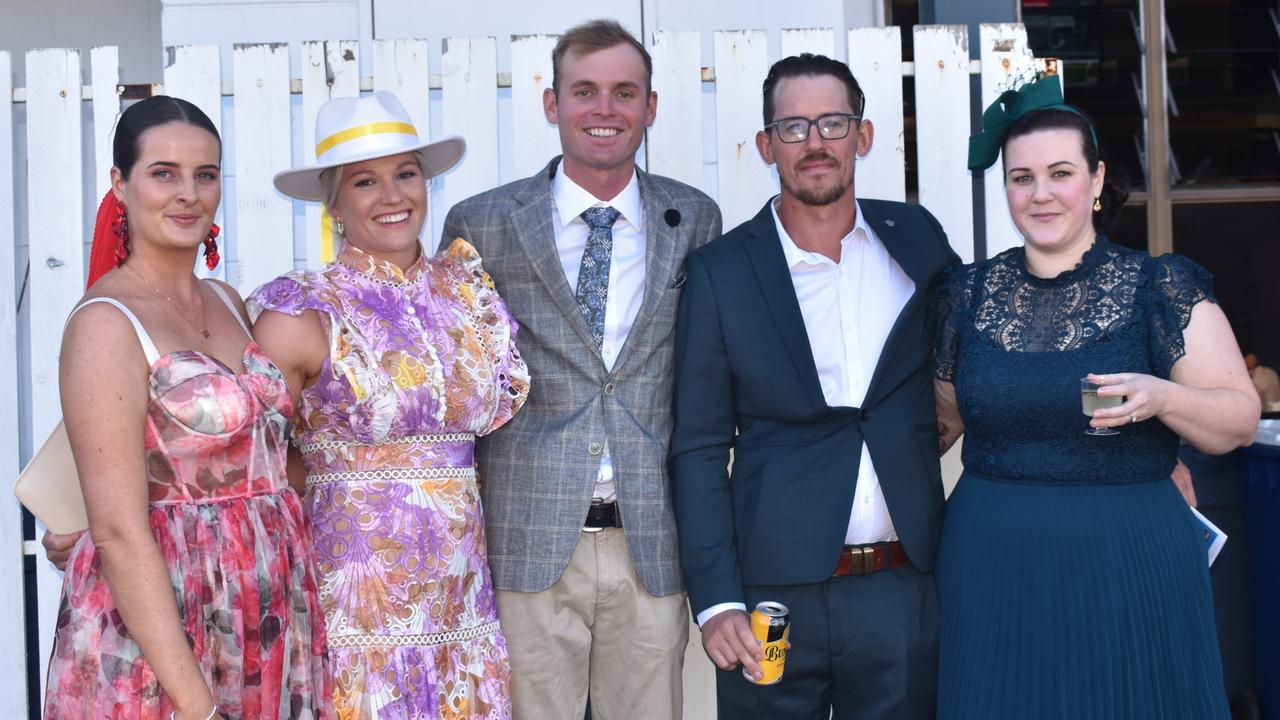 Ellie Norris, Bronte Austin, Connor Austin, Tim Tacey and Victoria Grove at the Rockhampton Cup race meeting at Callaghan Park on July 13, 2024.