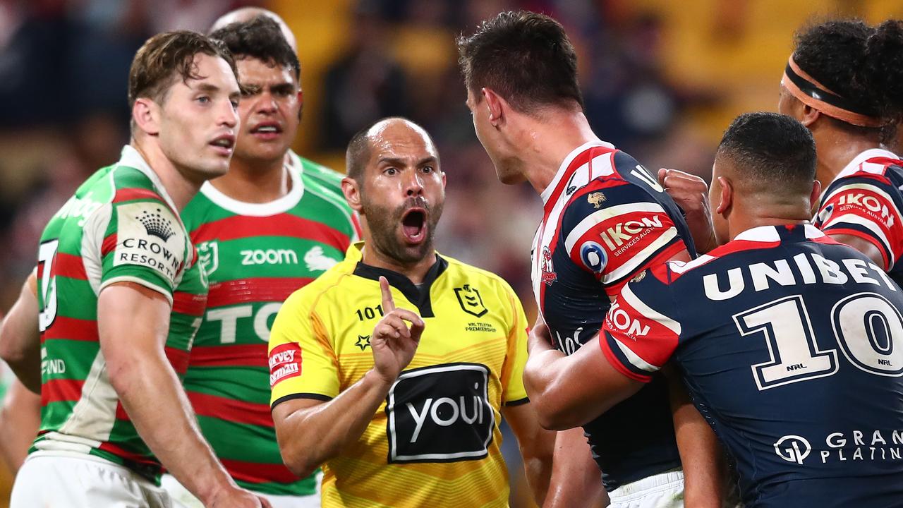 BRISBANE, AUSTRALIA - AUGUST 27: Referee Ashley Klein speaks with Joseph Manu of the Roosters after receiving a high tackle from Latrell Mitchell of the Rabbitohs during the round 24 NRL match between the Sydney Roosters and the South Sydney Rabbitohs at Suncorp Stadium on August 27, 2021, in Brisbane, Australia. (Photo by Chris Hyde/Getty Images)