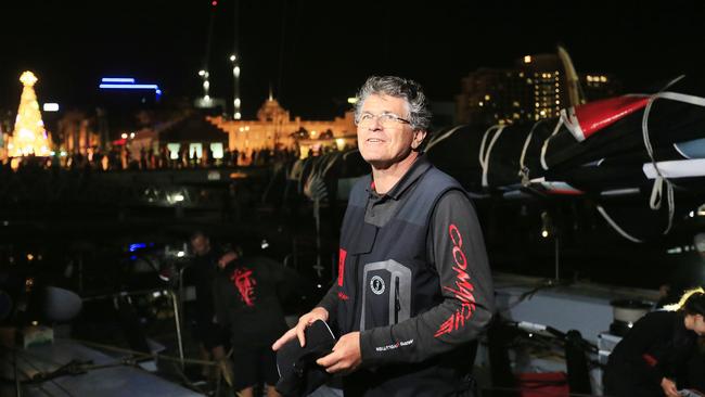 Comanche skipper Jim Cooney addresses the media in Hobart after the conclusion of the 2017 race. Picture: MATHEW FARRELL