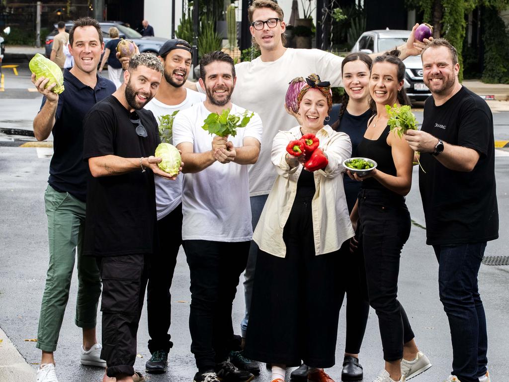 From left, Will Cowper, Oscar Solomon, Louis Tikaram, Adam Wolfers, Fin Burgess, Sarah Baldwin, Juliette Markovich, Gianna Ephraims and Jake Nicolson from local Fortitude Valley restaurants. Picture: Richard Walker