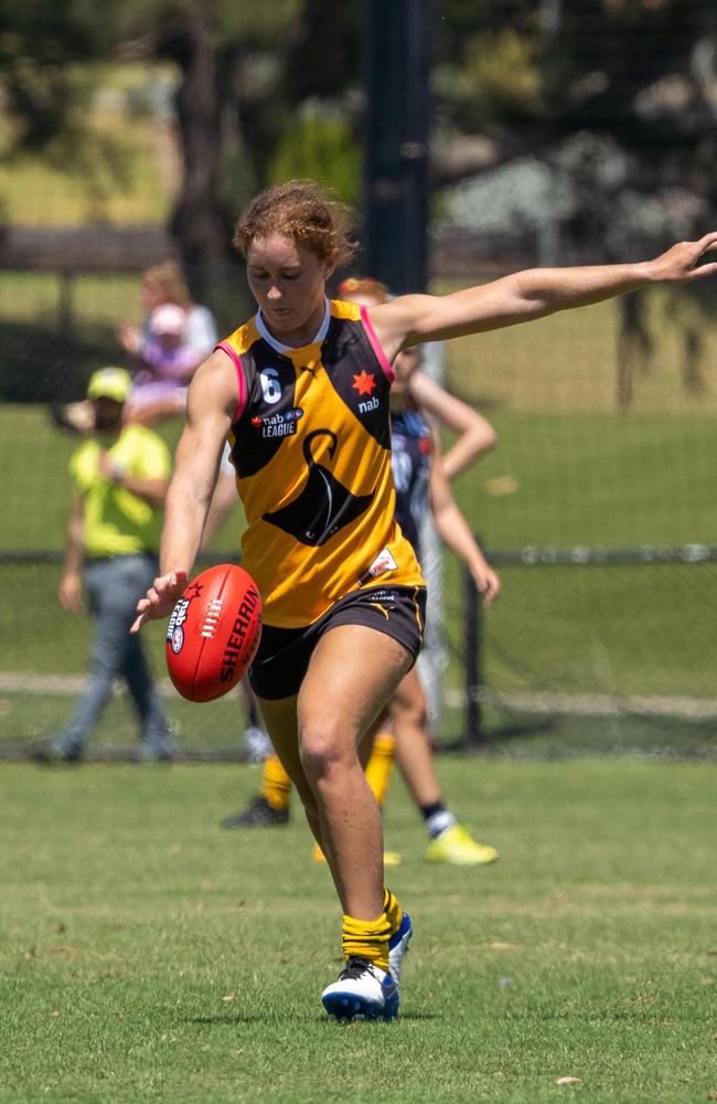 Amber Clarke takes a kick for the Dandy Stingrays. Pic: Jazz Bennett Media