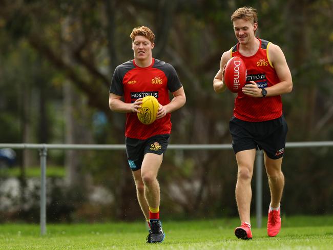 Gold Coast Suns AFL players Noah Anderson and Matt Rowell train on April 16, 2020 in Melbourne, Australia. AFL players across the country are now training in isolation under strict policies in place due to the COVID-19 pandemic. (Photo by Robert Cianflone/Getty Images)