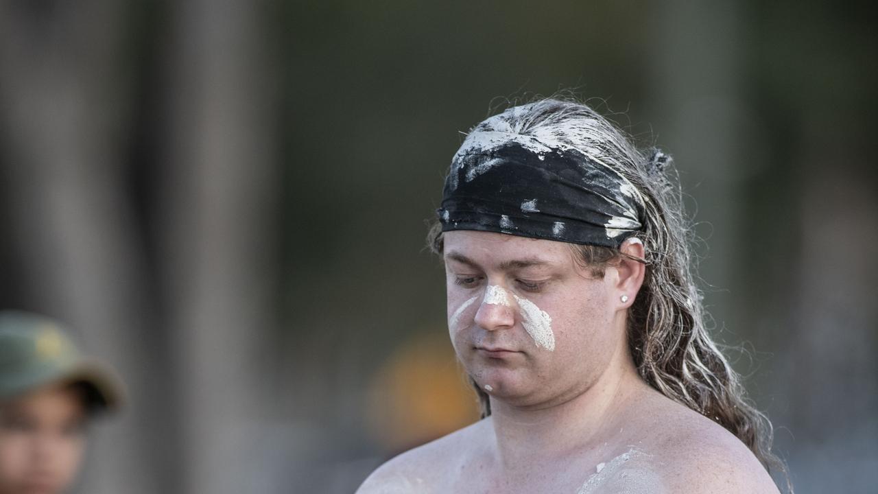 Jacob White takes part in the smoking ceremony and dance by Murabirigururu Aboriginal Dancers. 2023 TRL Cultural Cup, SW Qld Emus vs Pacific Nations Toowoomba. Saturday, February 25, 2023. Picture: Nev Madsen.