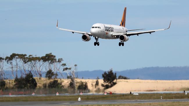 First Tigerair plane direct from Gold Coast to Hobart comes into land at Hobart Airport. Picture: SAM ROSEWARNE.