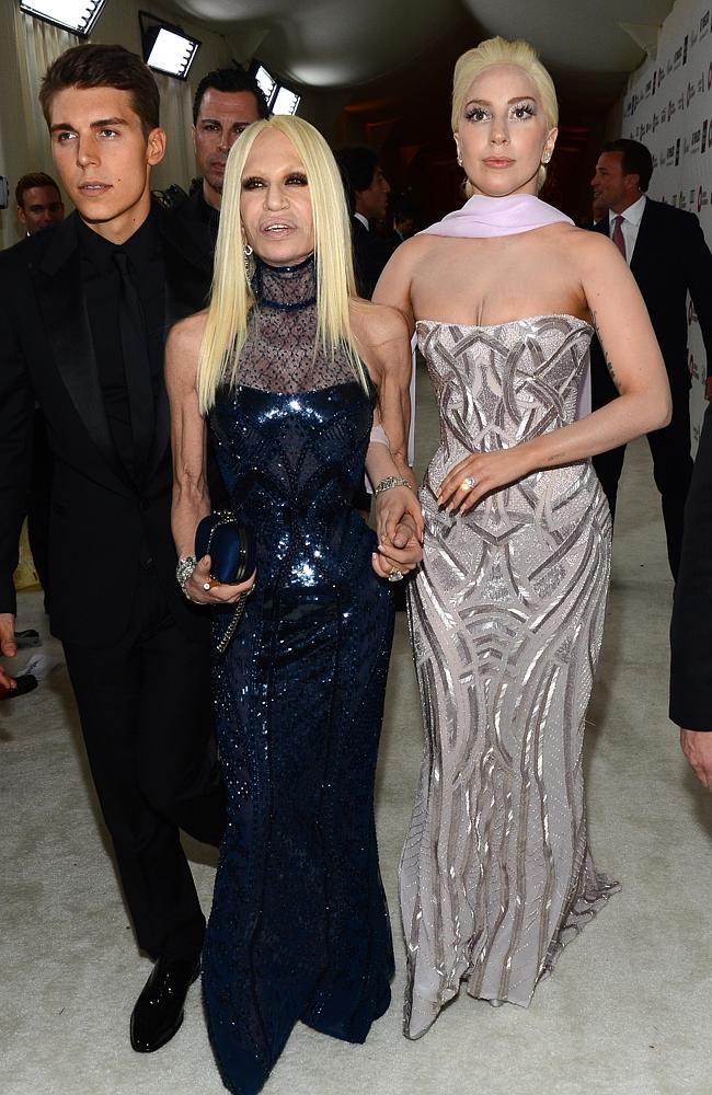 Fashion designer Donatella Versace and recording artist Lady Gaga attend the 22nd Annual Elton John AIDS Foundation's Oscar Viewing Party on March 2. Source: Getty Images.