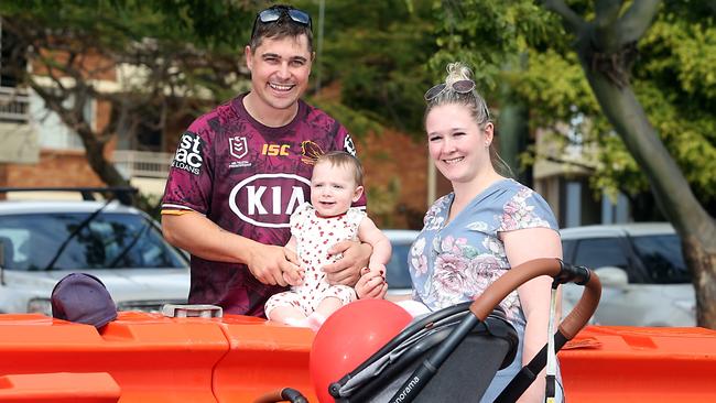 Bradley Church with partner Jodie Hollis and their 10-month-old daughter. Isabella. ‘I welled up when I saw Isabella,’ he said. Picture: Richard Gosling