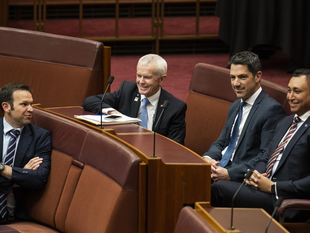 Senators Matt Canavan, Malcolm Roberts, Alex Antic and Ralph Babet in the senate at Parliament House in Canberra. Picture: NCA NewsWire / Martin Ollman