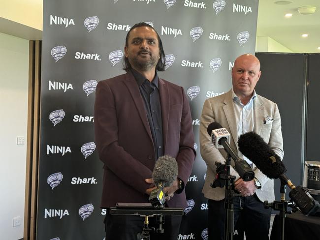 Aby Shukla, SharkNinja managing director Australia and New Zealand and Dominic Baker, Cricket Tasmanian CEO, at today's sponsorship announcement. Picture: Nikki Davis-Jones.