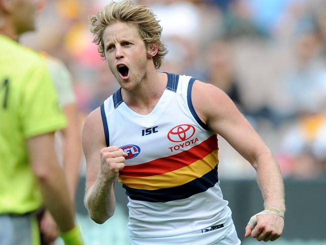 Rory Sloane of the Crows celebrates kicking a goal, during the Round 2 AFL match between the Hawthorn Hawks and the Adelaide Crows at the MCG in Melbourne, Saturday, April 1, 2017. (AAP Image/Joe Castro) NO ARCHIVING, EDITORIAL USE ONLY