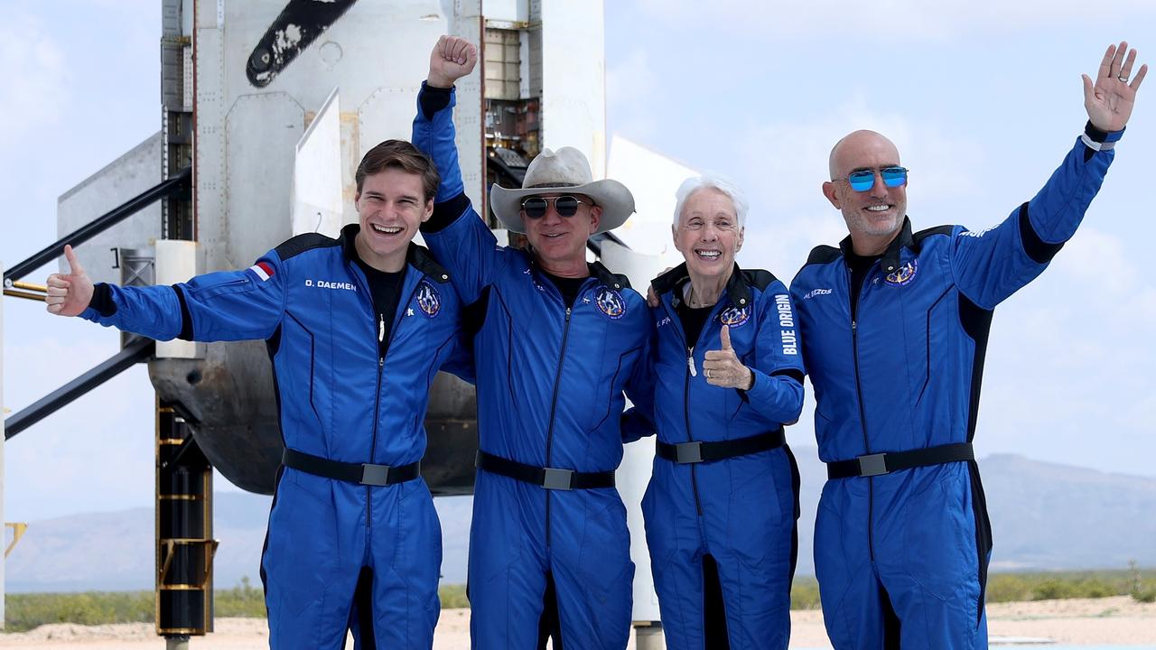 Blue Origin’s New Shepard crew (L-R) Oliver Daemen, Jeff Bezos, Wally Funk, and Mark Bezos. Picture: Joe Raedle/Getty Images/AFP