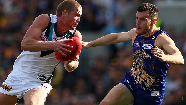 Power defender Tom Clurey takes on Luke Shuey of the Eagles in Perth in Round 16. Picture: Paul Kane/Getty Images