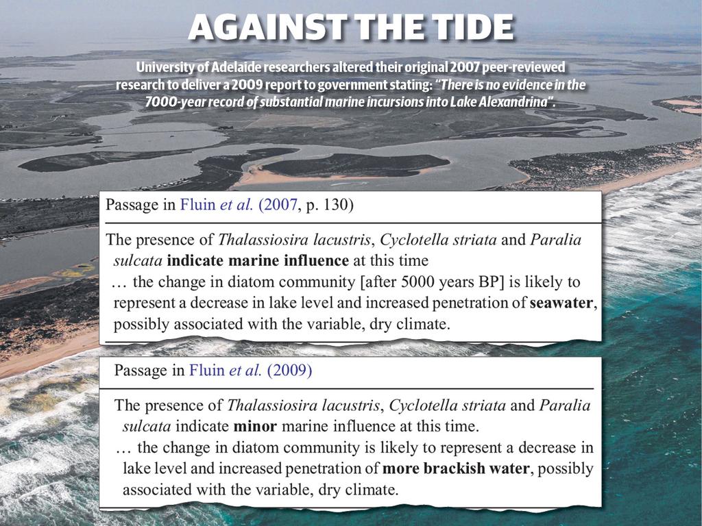 Against the tide: University of Adelaide researchers altered their original 2007 peer-reviewed research to deliver a 2009 report to government stating: <i>“There is no evidence in the 7000-year record of substantial marine incursions into Lake Alexandrina”</i>.