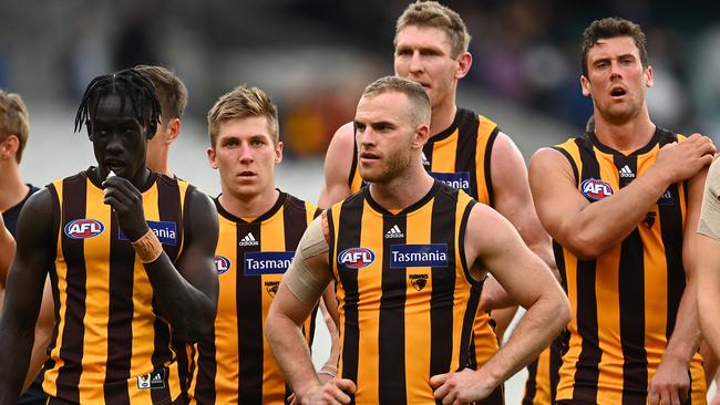 Tom Mitchell and his Hawks teammates look dejected after losing the round eight AFL match between the Hawthorn Hawks and the West Coast Eagles at the MCG. (Photo by Quinn Rooney/Getty Images)