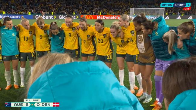 Sam Kerr gave her teammates a rev up. Photo: Twitter, @OptusSport.