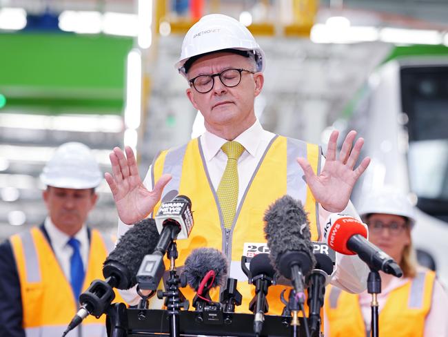 FEDERAL ELECTION TEAM 2022. LABOR BUS TOUR 17/5/22Federal Labor leader Anthony Albanese pictured with WA Premier Mark McGowan at Bellevue Railcar Manufacturing and Assembly Facility in Perth today at the  Picture: Sam Ruttyn