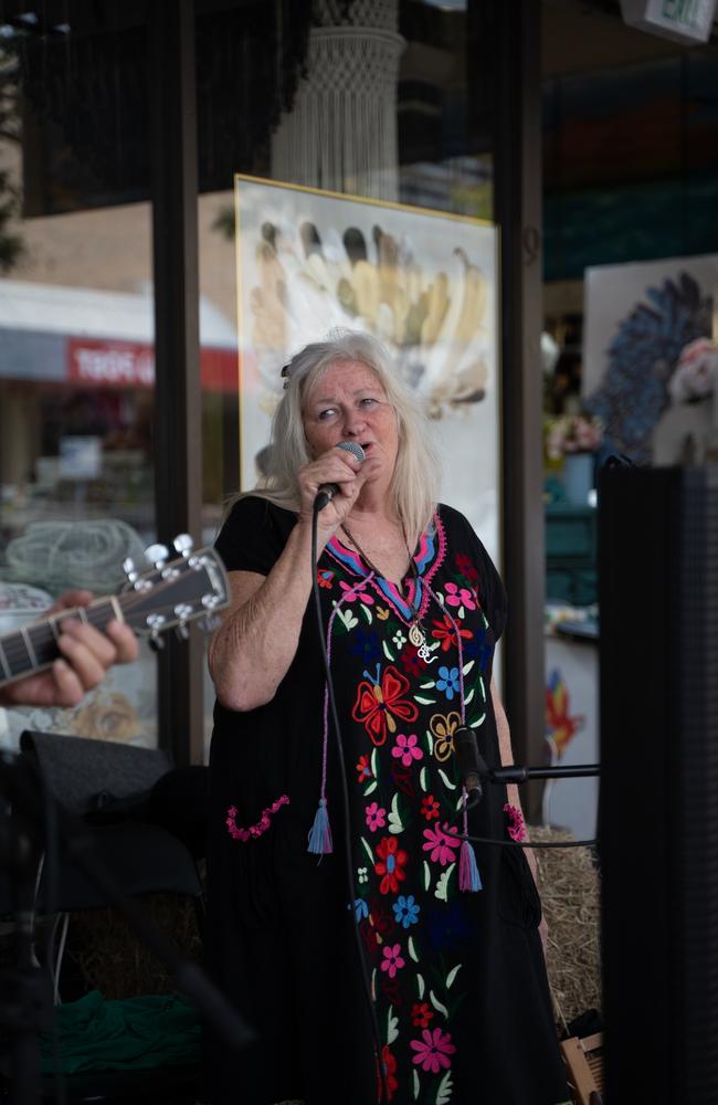 Catherine Rodgers sings on Mary St as part of Buskers on Mary in Gympie. August 18, 2023. Picture: Christine Schindler