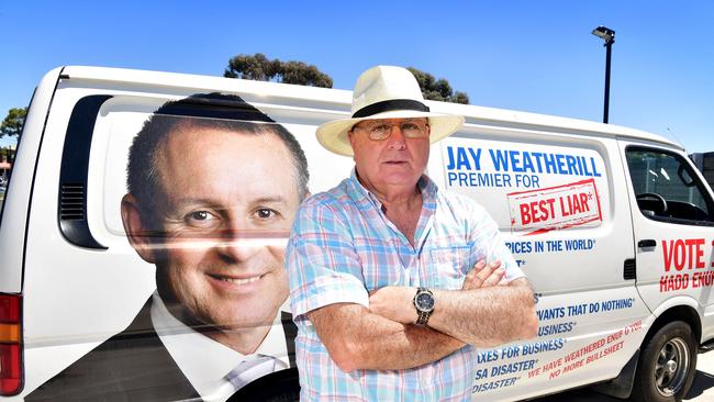 Vince Scali — who says he will change his name to Hadd Enuf and take on Premier Jay Weatherill in his seat of Cheltenham — with the van that has fallen foul of SA’s electoral laws. Picture: Bianca De Marchi