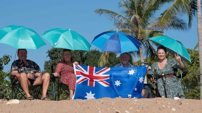 Mark Garham, Christine Bee, Ryan Ritchie and Suzie Bee at Mindil Beach as they wait for the Mud Crab to complete its world record underwater drive from Mandorah. Picture: Pema Tamang Pakhrin