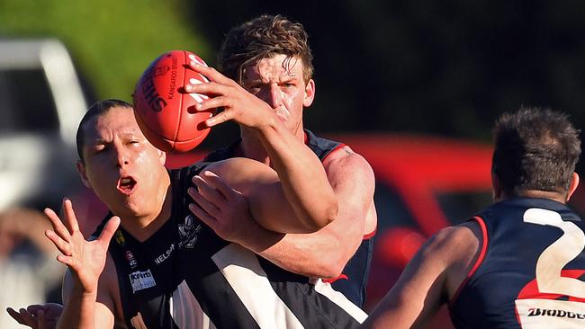 Hahndorf player Michael Handby gathers the ball in the grand final win against Uraidla. Picture: Tom Huntley