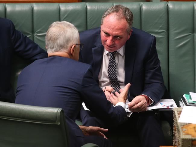 In slightly happier times. Malcolm Turnbull and Barnaby Joyce in Parliament. Picture: Kym Smith