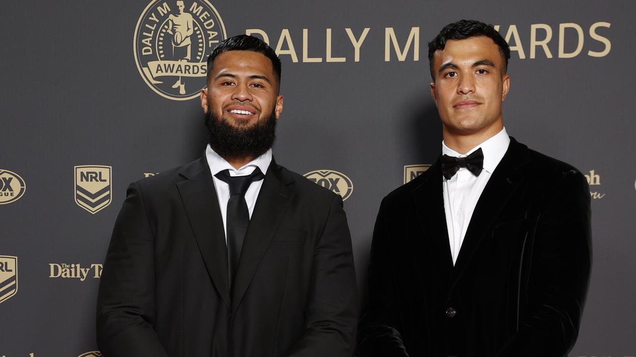 Joseph Suaalii (right) was named in the Dally M Team of the Year but won’t play for Australia. Picture: Jonathan Ng