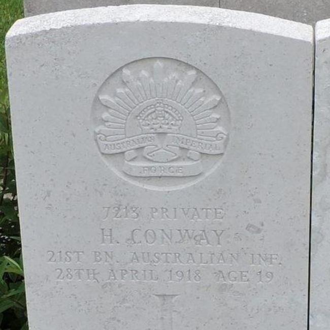 The gravestone in Rouen, northern France, of Private Harry Conway.