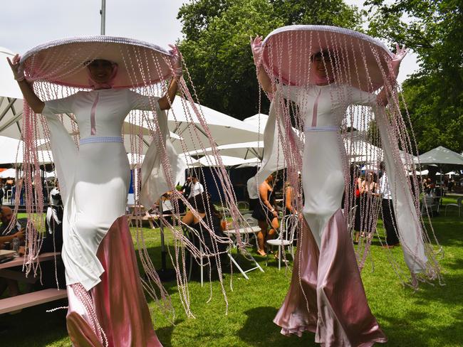 Guests in striking racewear at Penfolds Derby Day at the Flemington Racecourse on Saturday, November 02, 2024: