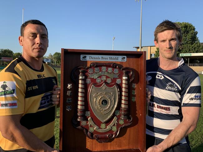 Darwin Dragons’ Hirini Murfitt and Casuarina Cougars’ Mark Ross ahead of the grand final. Picture: TAMIE NEEDHAM