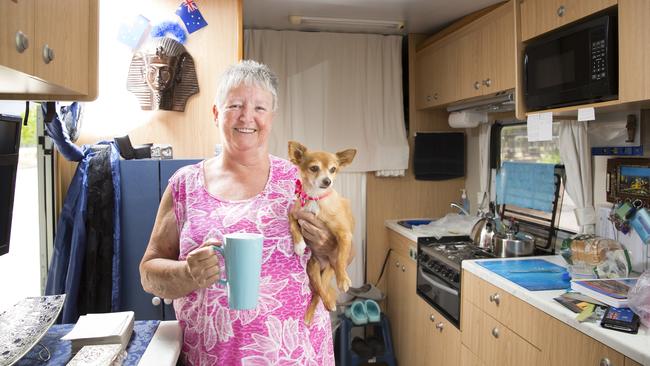 Patricia Chegwin in her portable home with her dog Kijit. Picture: MELVYN KNIPE