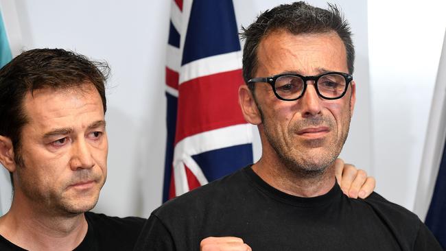 Missing Belgium backpacker Theo Hayez's father Laurent Hayez talks at a press conference at Tweed Heads flanked by Theo's godfather Jean-Phillippe Pector.