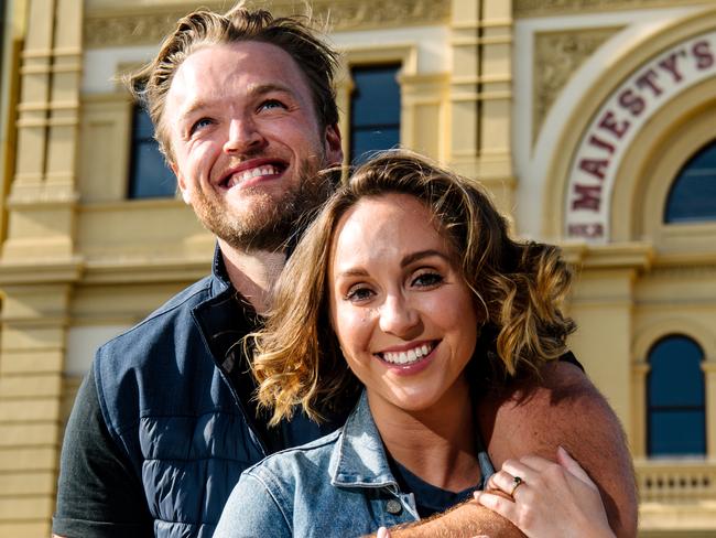 Actors Haydan Hawkins and Nadia Komazec star in The Wedding Singer and are set to tie the knot in real-life after finding love on-set, in Adelaide, Friday, December 3, 2021. (The Advertiser/ Morgan Sette)