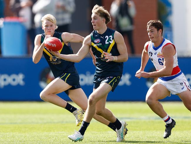 Tom Gross – pictured playing for the AFL Academy on Saturday – remains the third-ranked player in the Coates Talent League this year. Picture: Getty Images