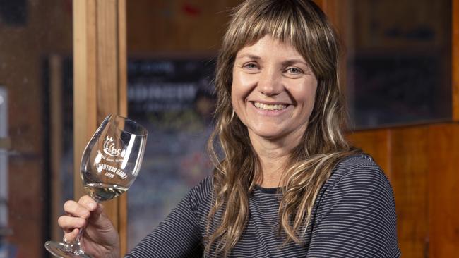 Winemaker Charlotte Hardy from Charlotte Dalton Wines with her Project 5255 Fiano, at her winery and cellar door at Factory 9, Port Elliot, SA. Picture: Emma Brasier