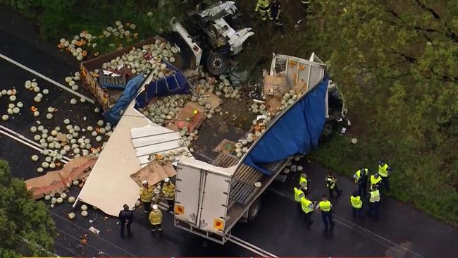 Motorists are being warned of traffic chaos after two trucks collided on a major Sydney road on Tuesday morning. Picture: 9News