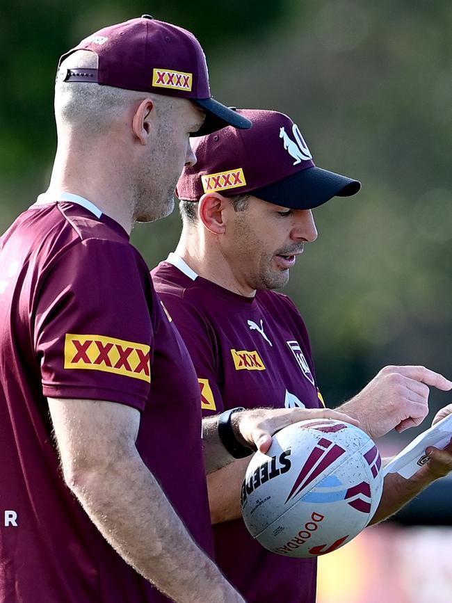 Nate Myles (left) with Maroons coach Billy Slater