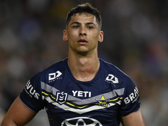 Heilum Luki of the Cowboys during the round 20 NRL match between North Queensland Cowboys and Canterbury Bulldogs at Qld Country Bank Stadium, on July 21, 2024, in Townsville, Australia. (Photo by Ian Hitchcock/Getty Images)