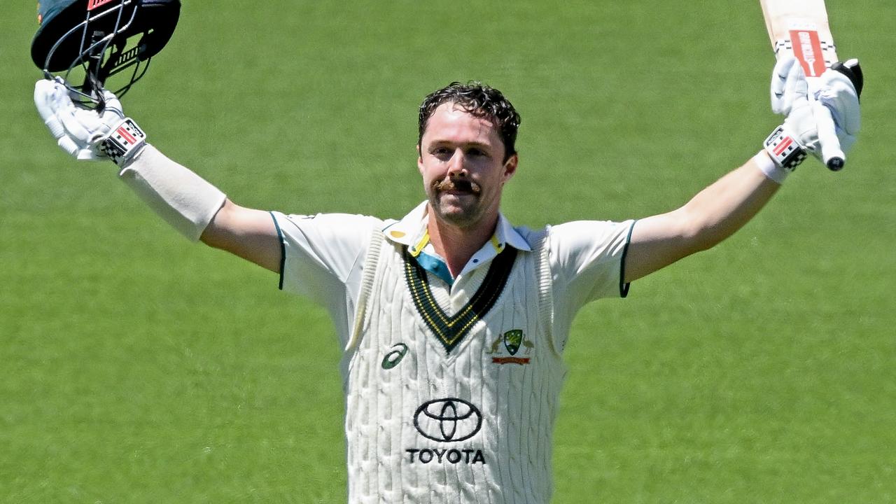 Travis Head of Australia celebrates bringing up his century. Photo by Mark Brake – CA/Cricket Australia via Getty Images