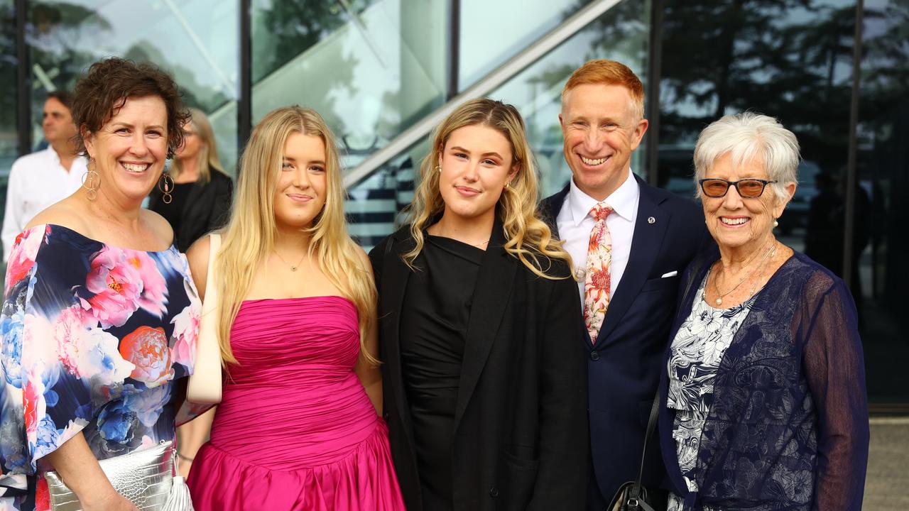 Graduate Gabby Hay, second left, with parents Carol and sister Maddie and David and grandmother Barb at the Belmont High School year 12 graduation at GMHBA Stadium. Picture: Alison Wynd