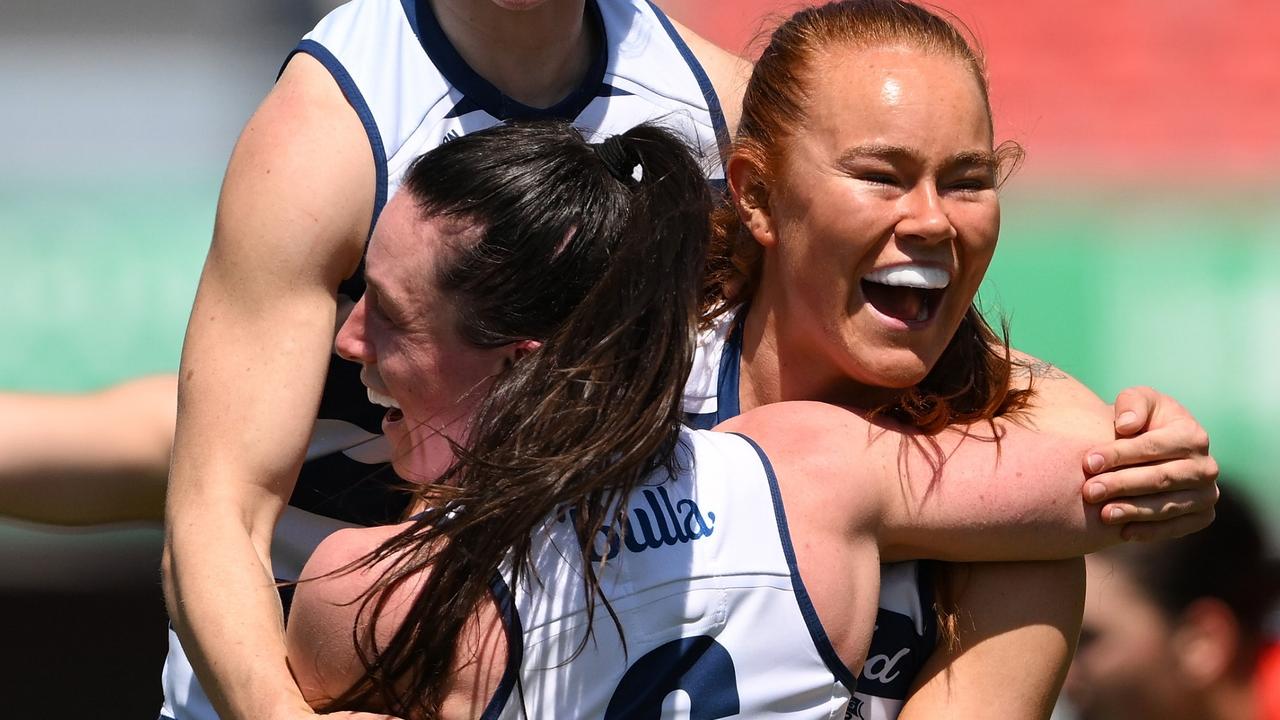 Geelong forward Kate Kenny celebrates kicking a goal earlier this season. Picture: Matt Roberts/Getty Images