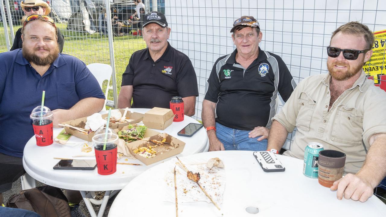 (from left) Jared McCombe, Bob Winzar, Kenny McCombe and Liam Lees at Meatstock, Toowoomba Showgrounds. Friday, April 8, 2022. Picture: Nev Madsen.