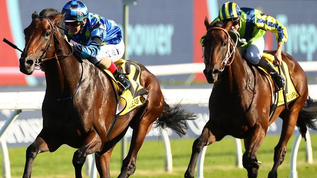 SYDNEY, AUSTRALIA - APRIL 13: Andrea Atzeni riding  Circle Of Fire wins Race 7 Schweppes Sydney Cup during Sydney Racing: The Championships at Royal Randwick Racecourse on April 13, 2024 in Sydney, Australia. (Photo by Jeremy Ng/Getty Images)