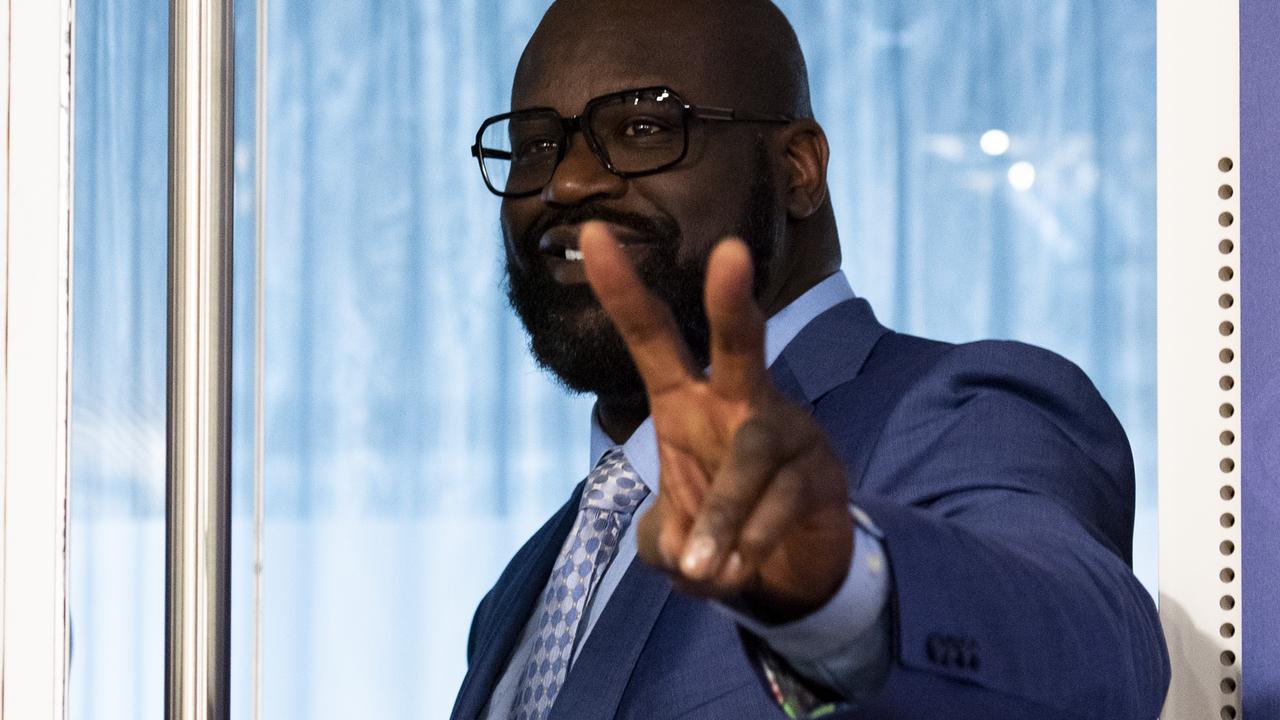 NBA legend Shaquille O'Neal pictured at the door before The Prime Minister, Anthony Albanese, press conference with Minister for indigenous Australians Linda Burney. Picture: NCA NewsWire / Monique Harmer